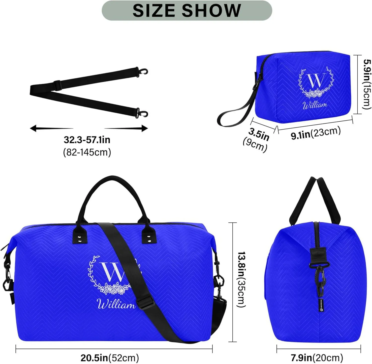 Blue Custom Travel Duffel Bag with Toiletry Bag Personalized Weekender Bag for Trips Sports Business Large Carry On Overnight Bag for Women & Men