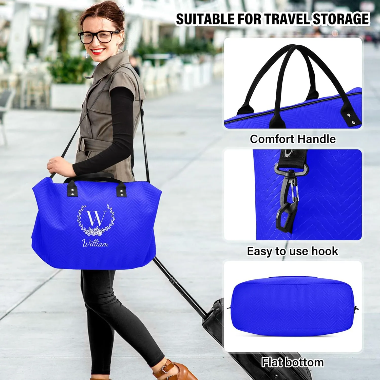 Blue Custom Travel Duffel Bag with Toiletry Bag Personalized Weekender Bag for Trips Sports Business Large Carry On Overnight Bag for Women & Men