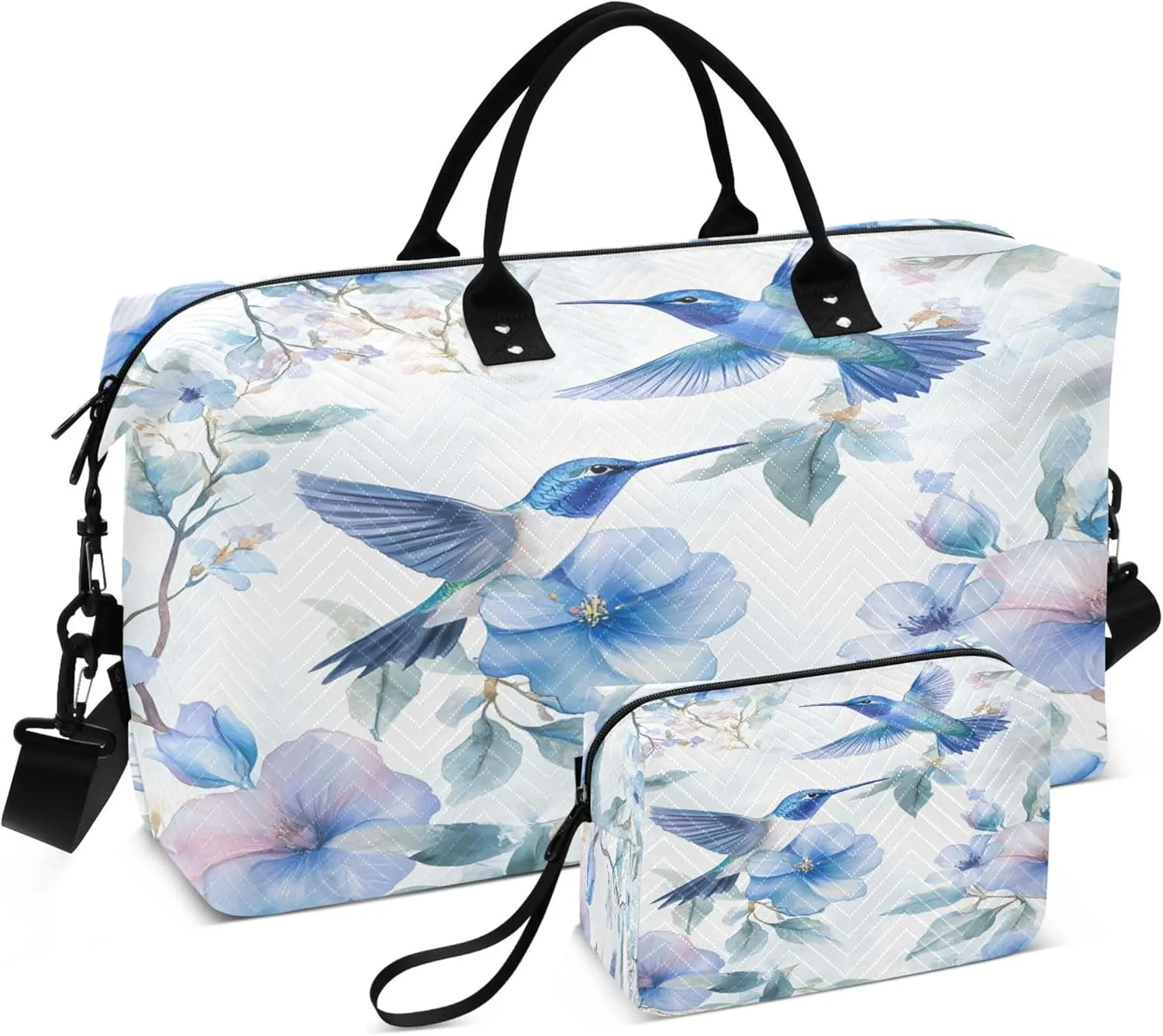 Blue Flowers Hummingbirds Travel Duffel Bags Carry on Weekender Overnight Bag Large for Airplane with Toiletry Bag for Men Women