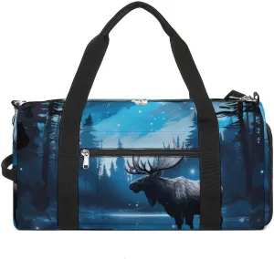 Blue Galaxy Forests Nature Deer Moose Duffle Bag Waterproof Gym Tote Bags Travel Overnight Bags with Shoes Compartment