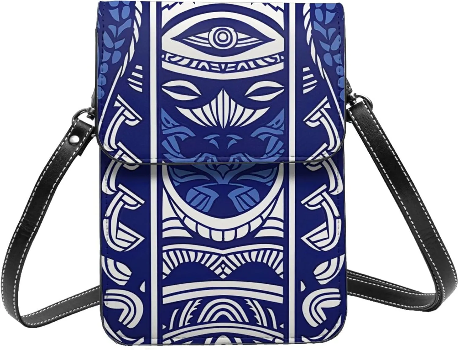 Blue Polynesian Maori Tribal Pattern Printed Crossbody Cell Phone Bag for Women Men, Small Leather Cell Phone Purse Wallet, Hold Two Phones