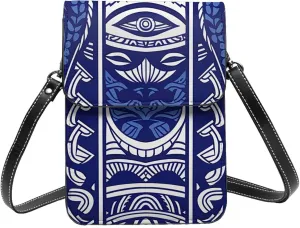 Blue Polynesian Maori Tribal Pattern Printed Crossbody Cell Phone Bag for Women Men, Small Leather Cell Phone Purse Wallet, Hold Two Phones