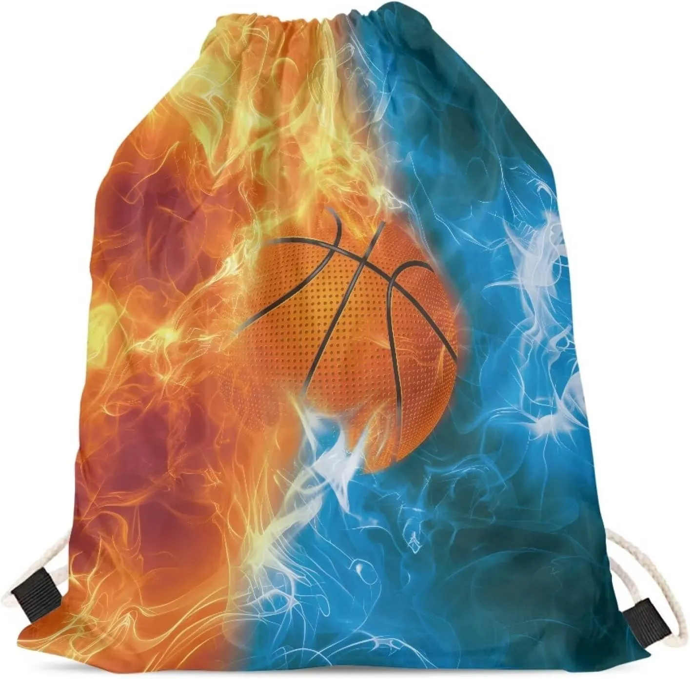 Blue Red Fire Basketball Drawstring Backpack for Baseball Game Gym Beach for Boys Tote Bag for Hiking Travel Outdoor Sport Bag Blue Red