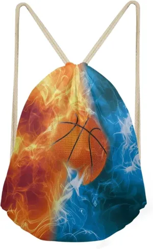 Blue Red Fire Basketball Drawstring Backpack for Baseball Game Gym Beach for Boys Tote Bag for Hiking Travel Outdoor Sport Bag Blue Red