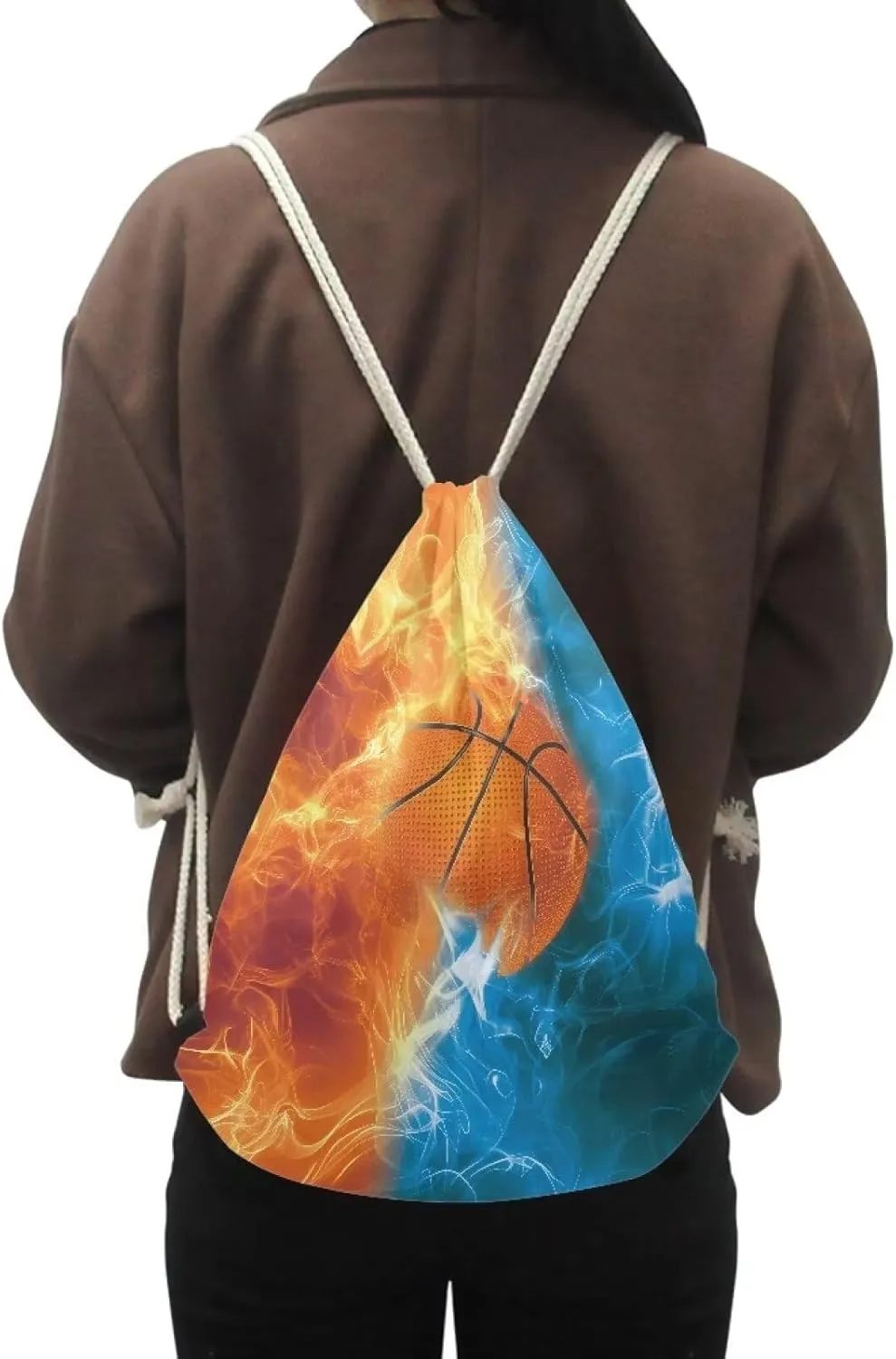 Blue Red Fire Basketball Drawstring Backpack for Baseball Game Gym Beach for Boys Tote Bag for Hiking Travel Outdoor Sport Bag Blue Red