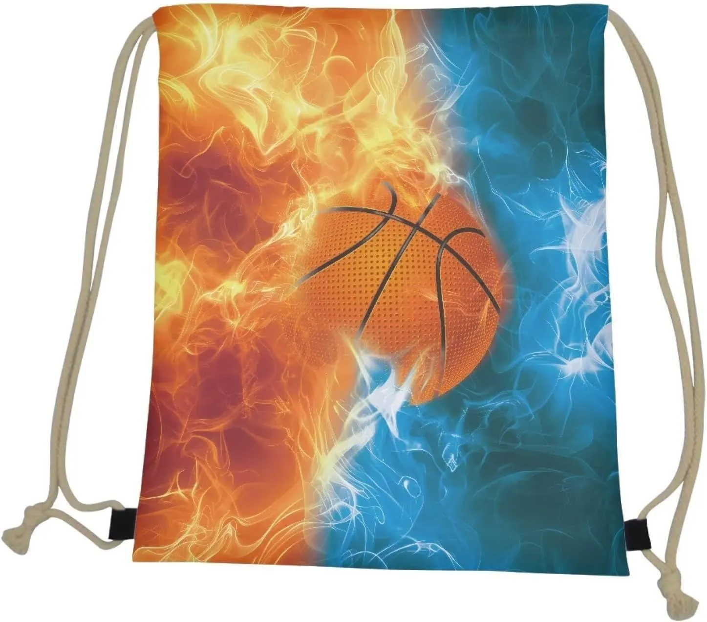 Blue Red Fire Basketball Drawstring Backpack for Baseball Game Gym Beach for Boys Tote Bag for Hiking Travel Outdoor Sport Bag Blue Red