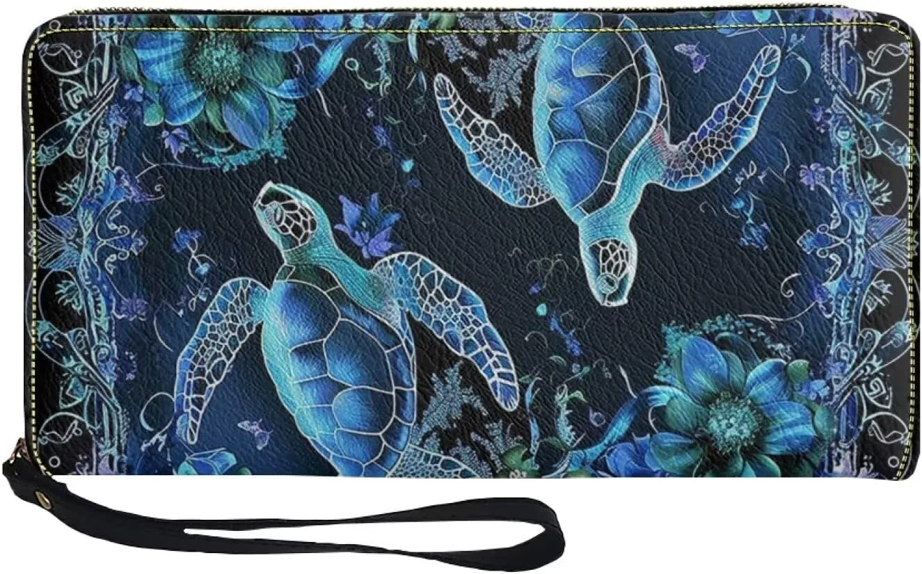 Blue Sea Turtle Floral Wallet Women PU Leather Wristlet Clutch Cute Wallet Custom Wallet Card Holder