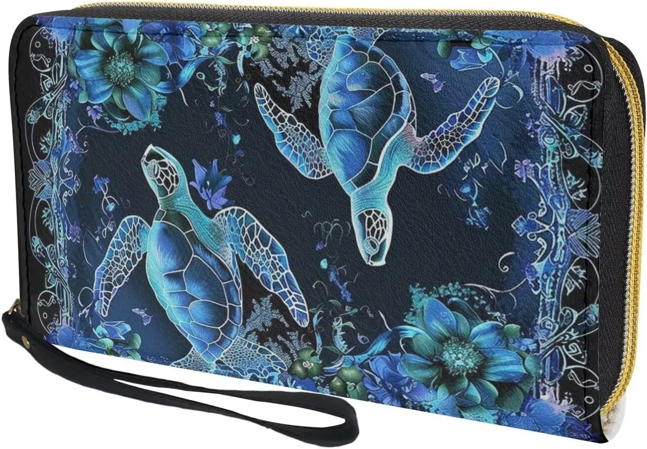 Blue Sea Turtle Floral Wallet Women PU Leather Wristlet Clutch Cute Wallet Custom Wallet Card Holder