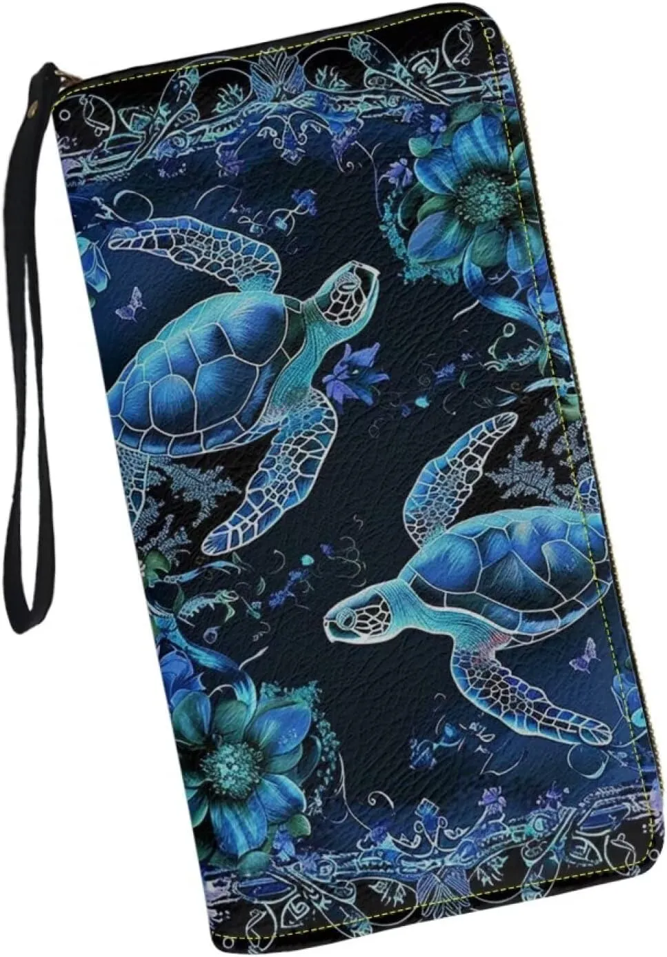 Blue Sea Turtle Floral Wallet Women PU Leather Wristlet Clutch Cute Wallet Custom Wallet Card Holder