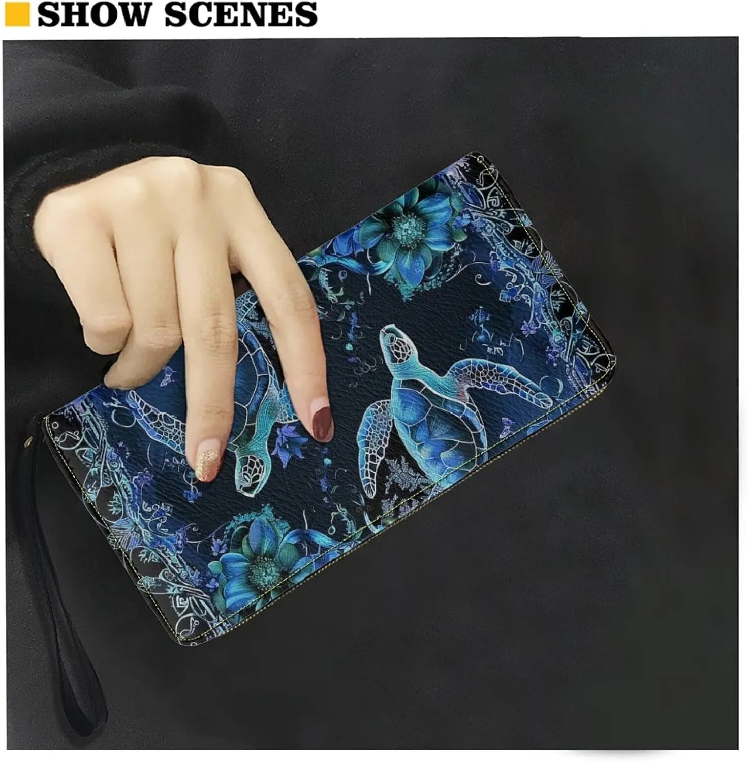 Blue Sea Turtle Floral Wallet Women PU Leather Wristlet Clutch Cute Wallet Custom Wallet Card Holder