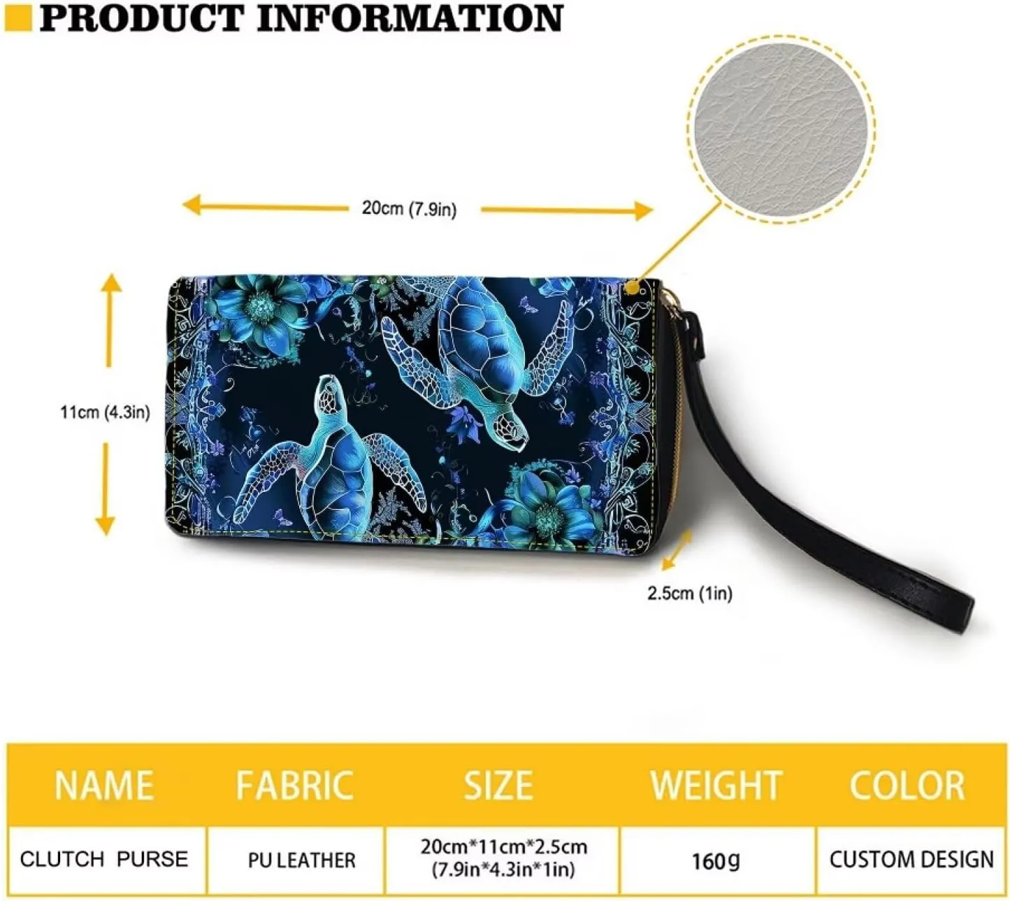 Blue Sea Turtle Floral Wallet Women PU Leather Wristlet Clutch Cute Wallet Custom Wallet Card Holder