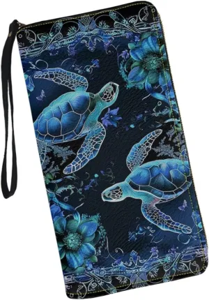Blue Sea Turtle Floral Wallet Women PU Leather Wristlet Clutch Cute Wallet Custom Wallet Card Holder