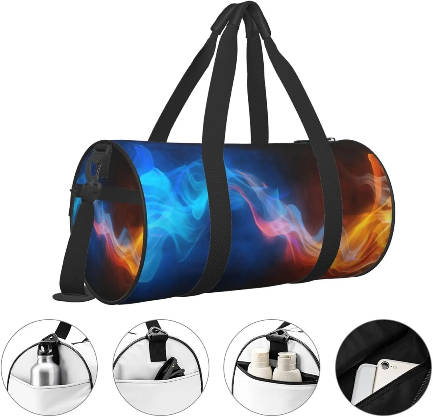 Blue yellow atmospheric flame collision Round Travel Duffel Bag Large Capacity Gym Sports Bags for Hiking Vacation Trips