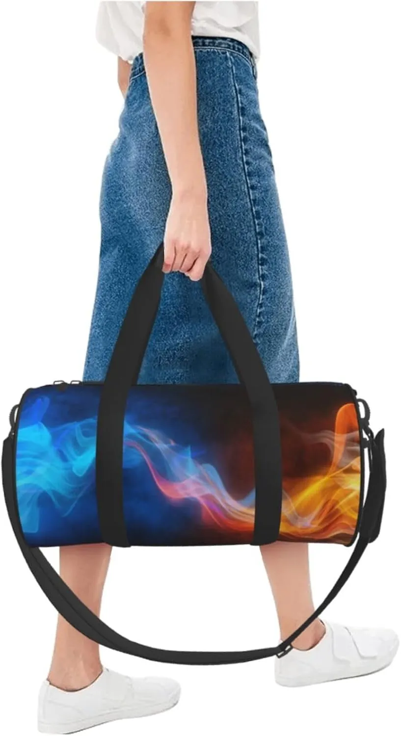 Blue yellow atmospheric flame collision Round Travel Duffel Bag Large Capacity Gym Sports Bags for Hiking Vacation Trips