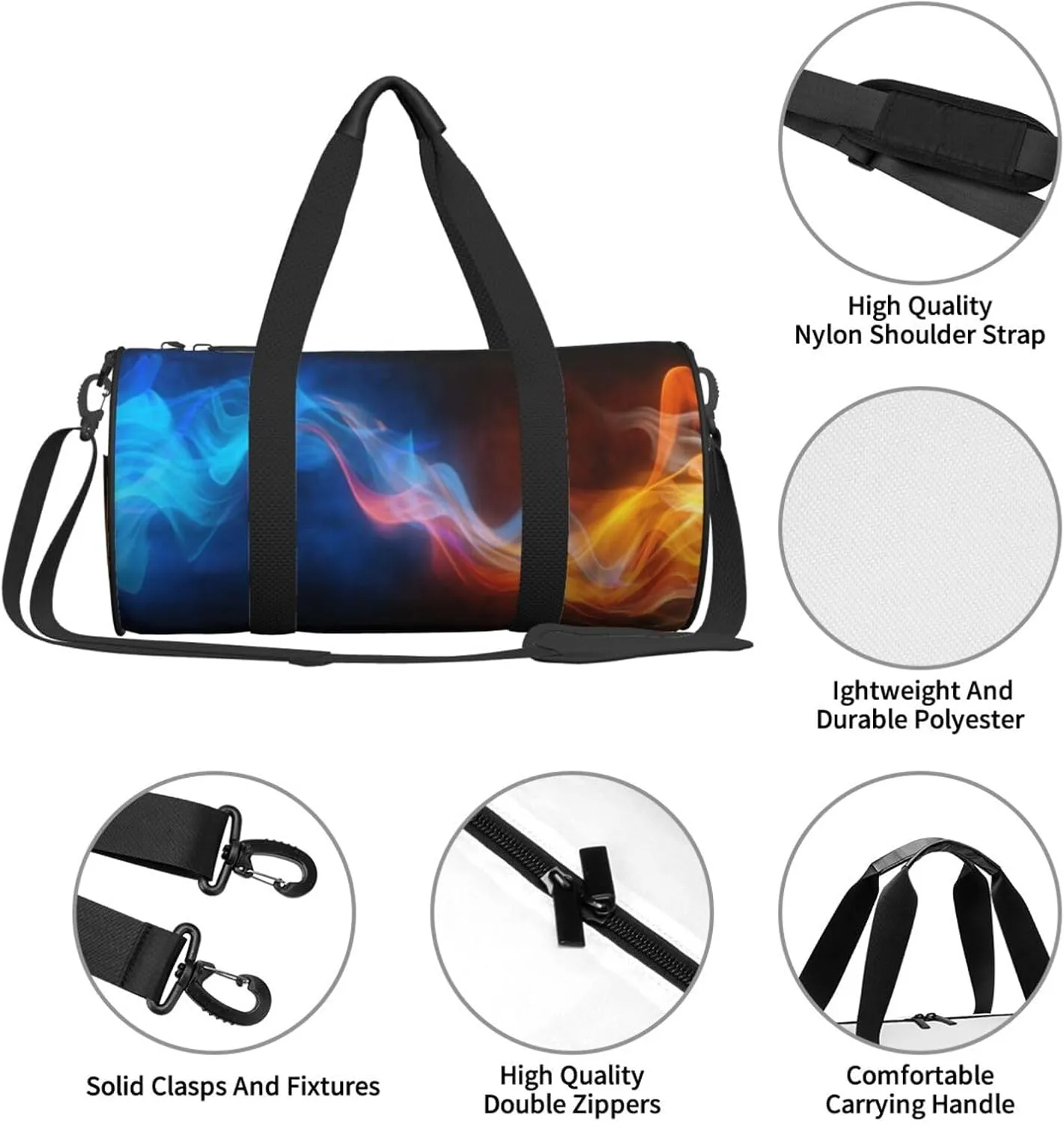 Blue yellow atmospheric flame collision Round Travel Duffel Bag Large Capacity Gym Sports Bags for Hiking Vacation Trips