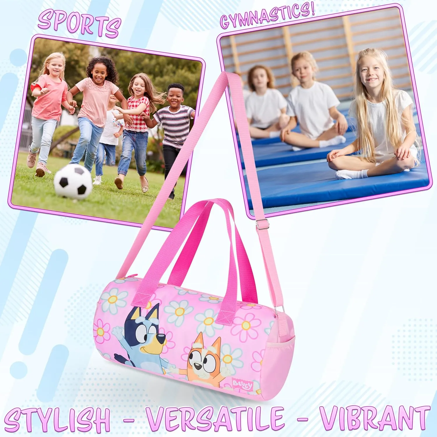 Bluey Gym Bag for Kids Duffle Bag Cute Travel Holdall Weekend Bag for Sports Gym Class Swimming Dance with Side Pockets Travel Essentials (Floral Bluey)