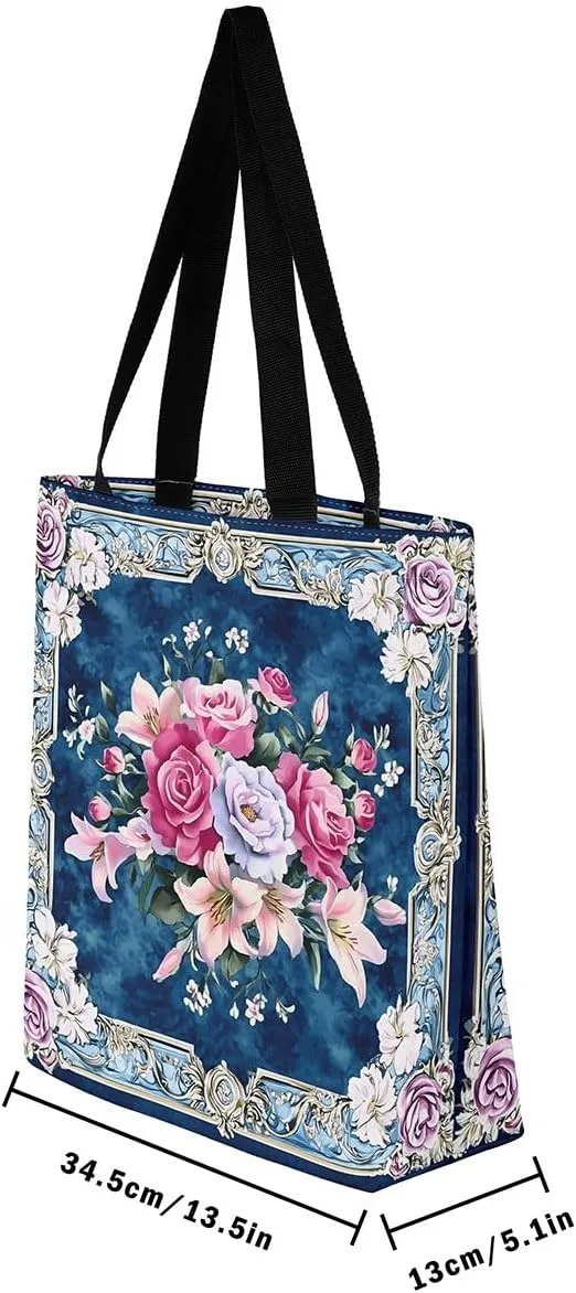 Boho Floral Canvas Tote Bag for Women,Aztec Dahlia Large Shoulder Bag,Watercolor Flowers Reusable Cloth Cotton Bags