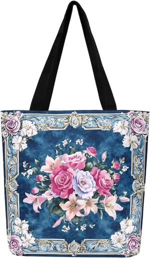 Boho Floral Canvas Tote Bag for Women,Aztec Dahlia Large Shoulder Bag,Watercolor Flowers Reusable Cloth Cotton Bags