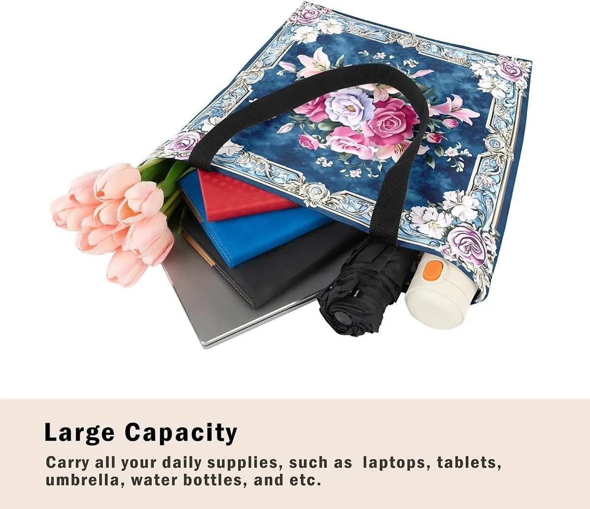 Boho Floral Canvas Tote Bag for Women,Aztec Dahlia Large Shoulder Bag,Watercolor Flowers Reusable Cloth Cotton Bags