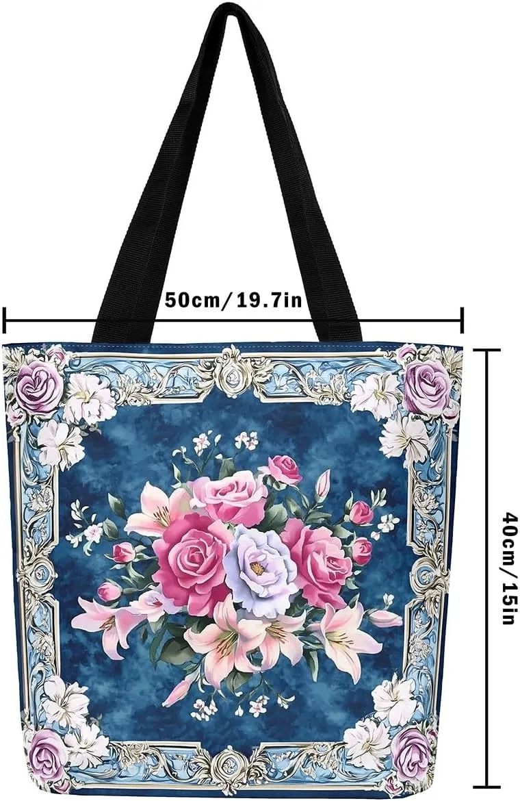 Boho Floral Canvas Tote Bag for Women,Aztec Dahlia Large Shoulder Bag,Watercolor Flowers Reusable Cloth Cotton Bags