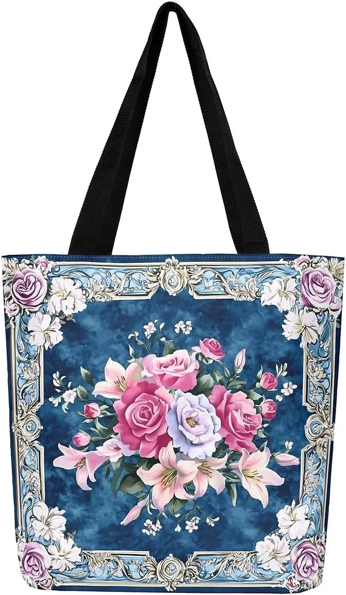 Boho Floral Canvas Tote Bag for Women,Aztec Dahlia Large Shoulder Bag,Watercolor Flowers Reusable Cloth Cotton Bags