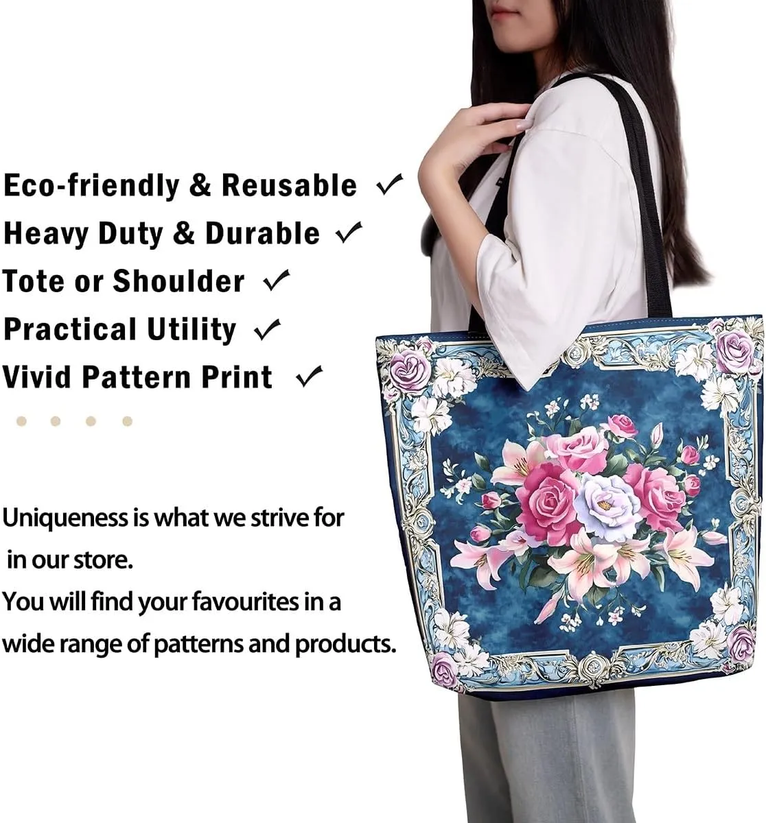 Boho Floral Canvas Tote Bag for Women,Aztec Dahlia Large Shoulder Bag,Watercolor Flowers Reusable Cloth Cotton Bags