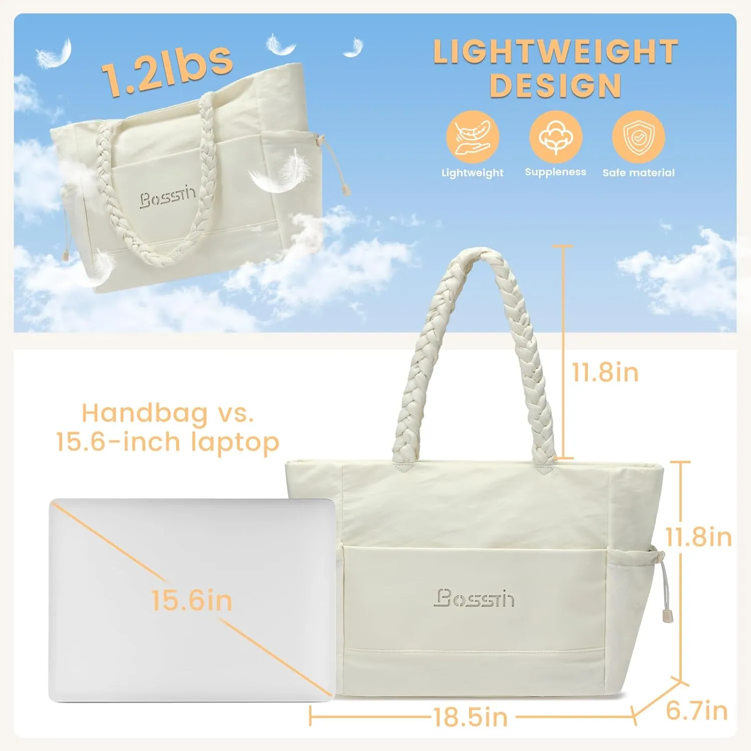 BOSSTIN Tote Bag for Women, Large Tote Bag with Zipper, Lightweight Shoulder Handbag with Compartments for Work Travel