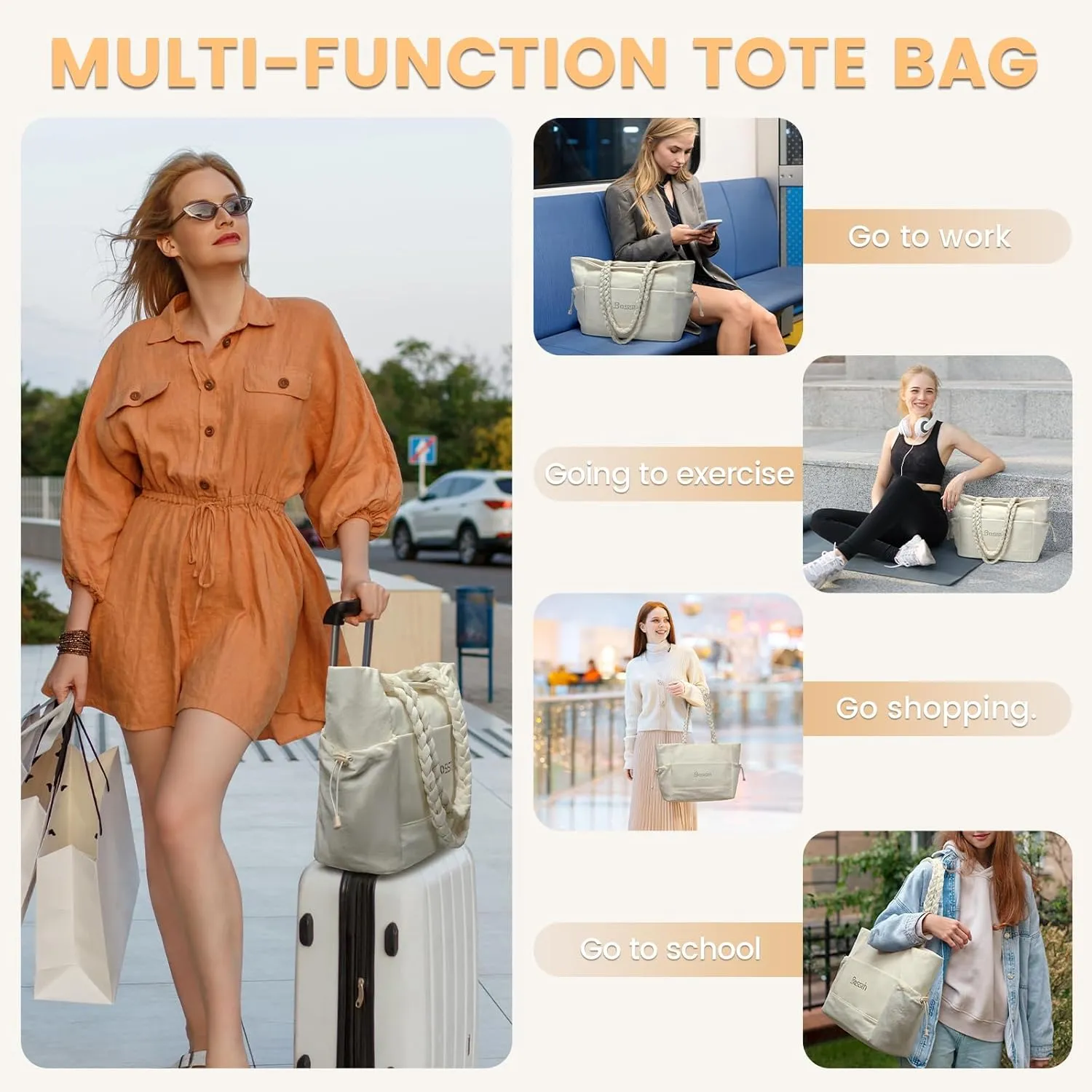 BOSSTIN Tote Bag for Women, Large Tote Bag with Zipper, Lightweight Shoulder Handbag with Compartments for Work Travel