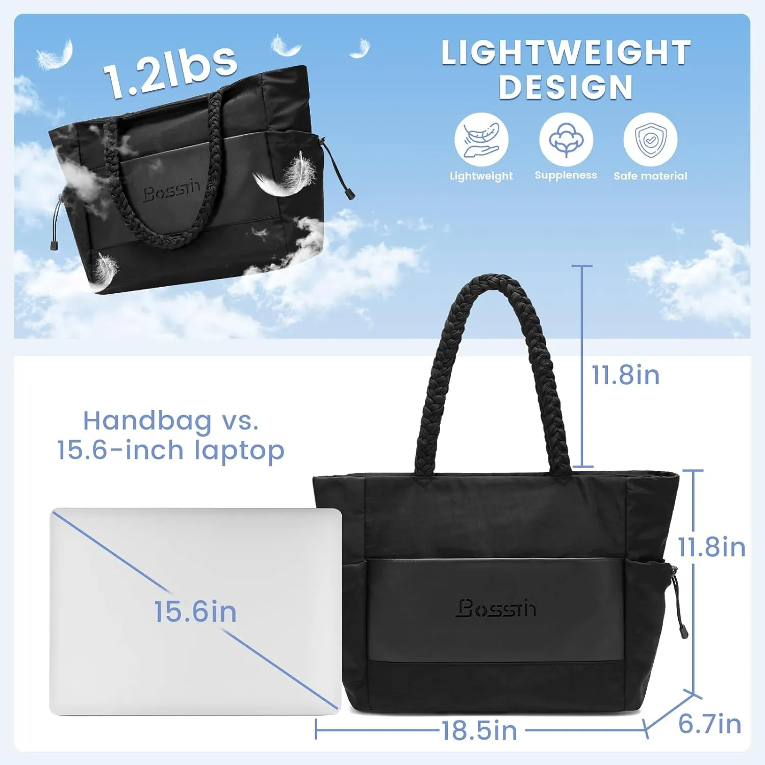 BOSSTIN Tote Bag for Women, Large Tote Bag with Zipper, Lightweight Shoulder Handbag with Compartments for Work Travel