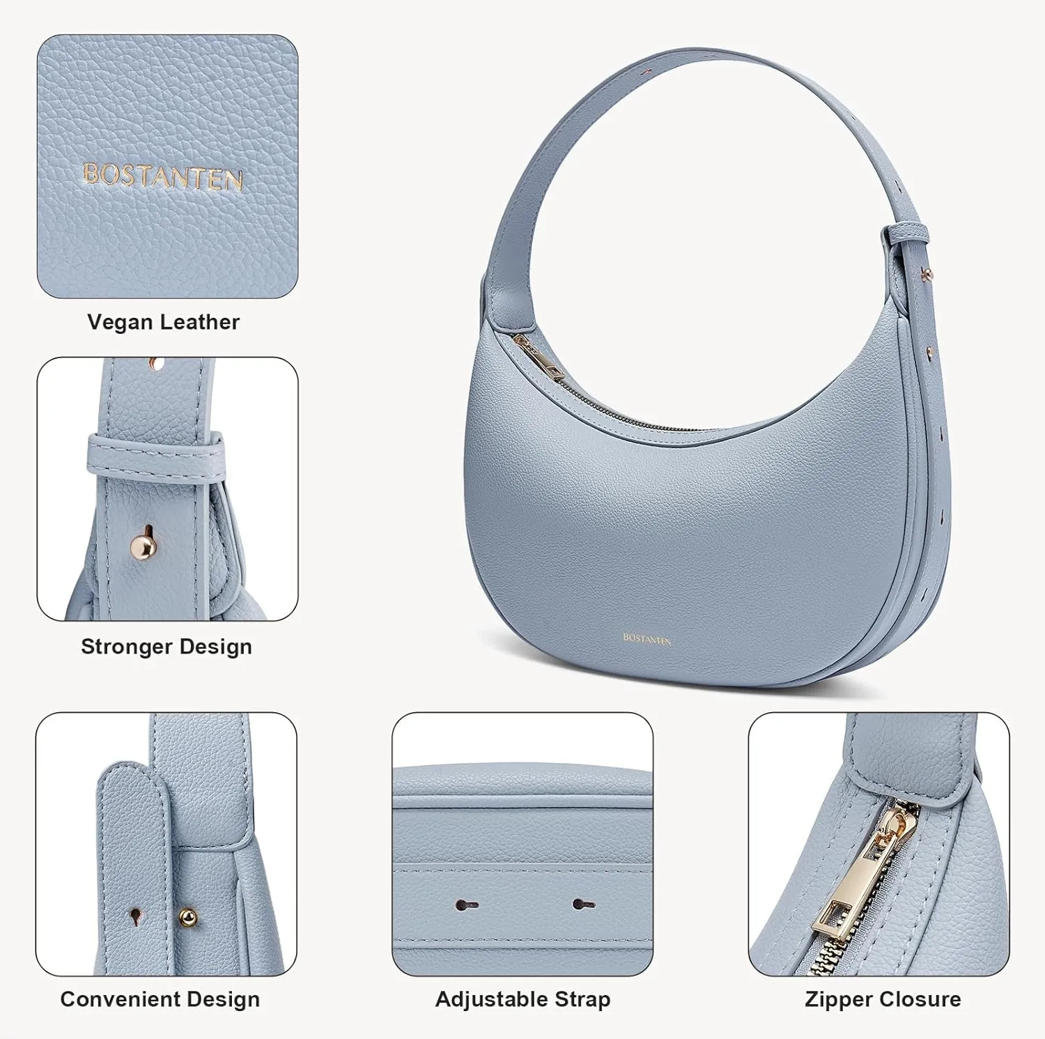 BOSTANTEN Crescent Shoulder Bag for Women Trendy Crossbody Hobo Purse Vegan Leather Clutch Handbag Adjustable Strap