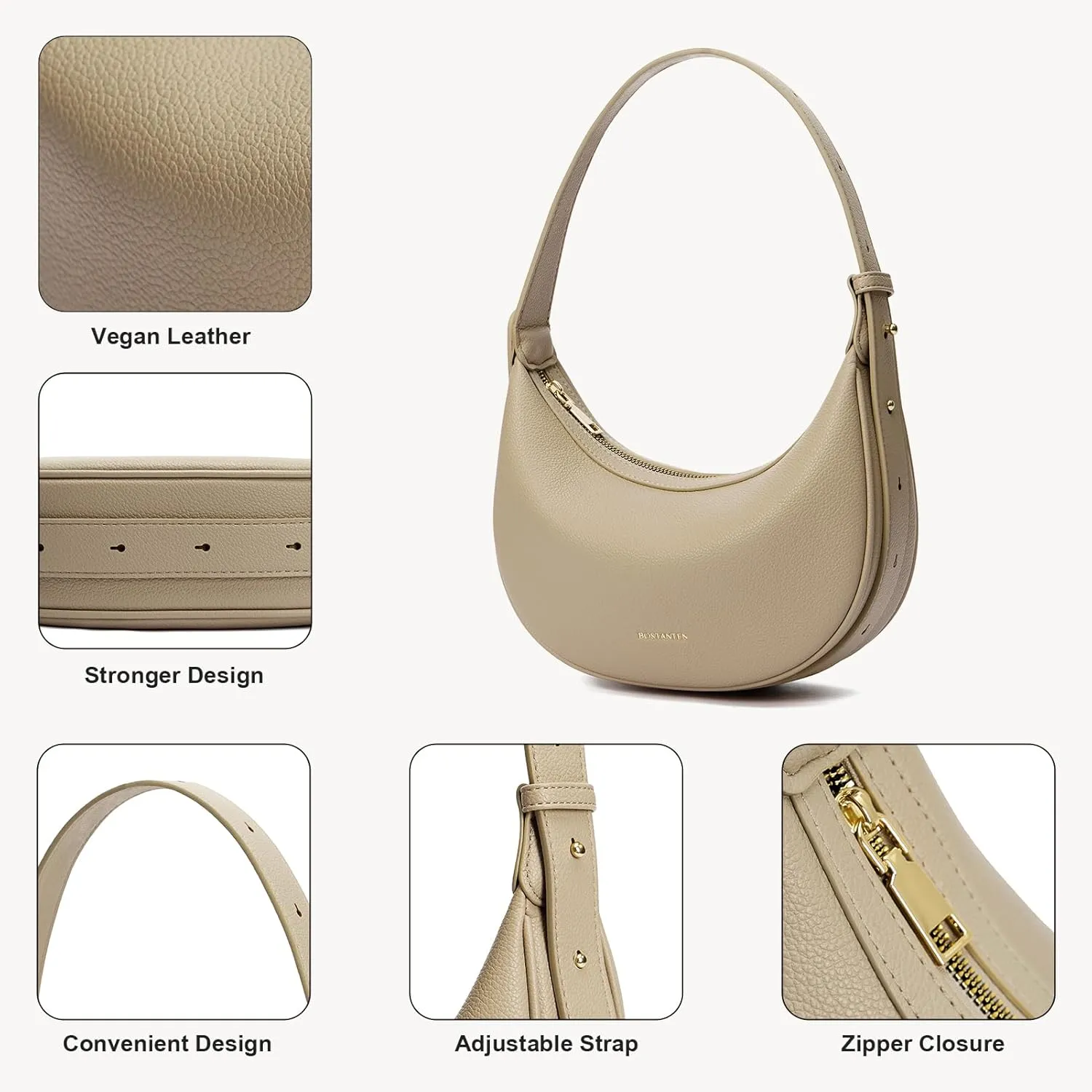BOSTANTEN Crescent Shoulder Bag for Women Trendy Crossbody Hobo Purse Vegan Leather Clutch Handbag Adjustable Strap