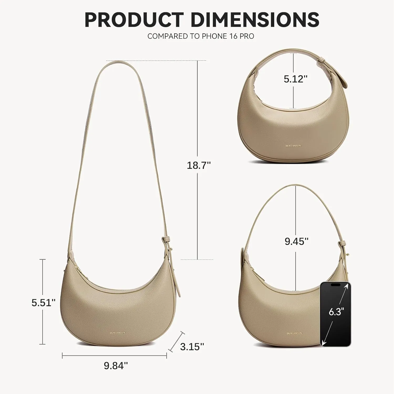 BOSTANTEN Crescent Shoulder Bag for Women Trendy Crossbody Hobo Purse Vegan Leather Clutch Handbag Adjustable Strap