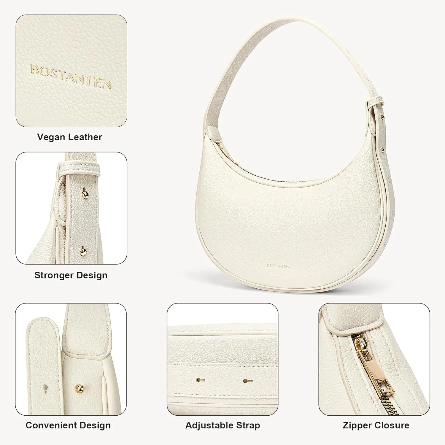 BOSTANTEN Crescent Shoulder Bag for Women Trendy Crossbody Hobo Purse Vegan Leather Clutch Handbag Adjustable Strap