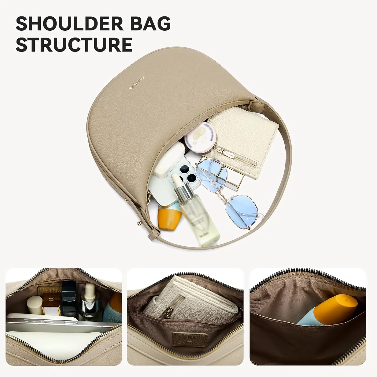 BOSTANTEN Crescent Shoulder Bag for Women Trendy Crossbody Hobo Purse Vegan Leather Clutch Handbag Adjustable Strap