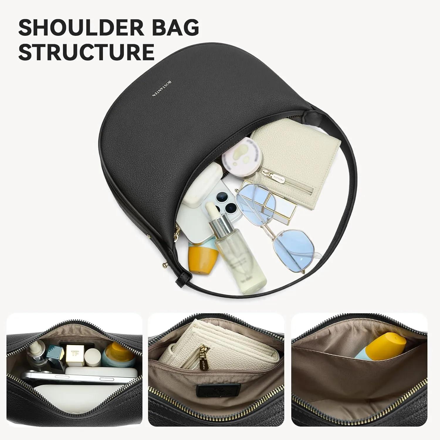 BOSTANTEN Crescent Shoulder Bag for Women Trendy Crossbody Hobo Purse Vegan Leather Clutch Handbag Adjustable Strap