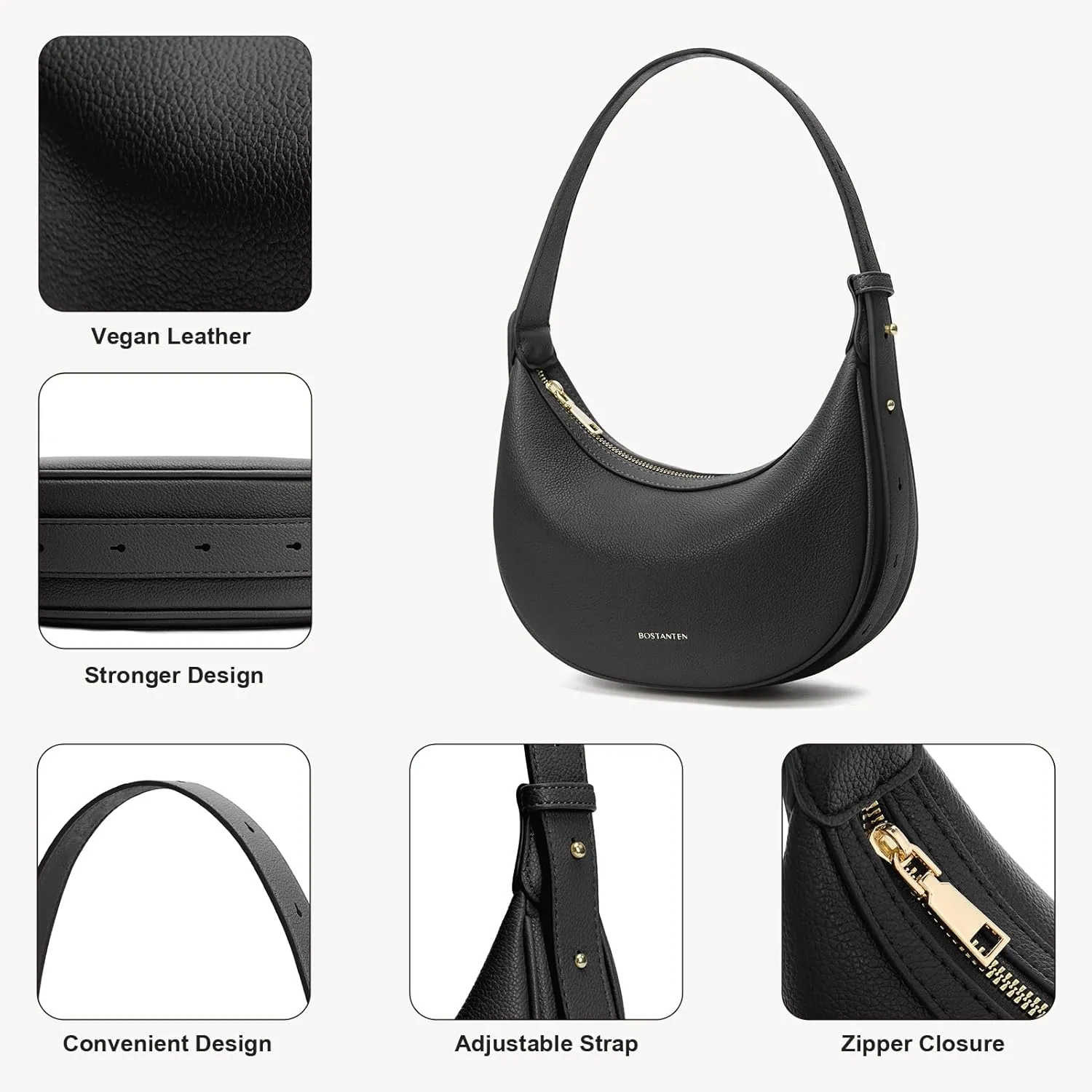 BOSTANTEN Crescent Shoulder Bag for Women Trendy Crossbody Hobo Purse Vegan Leather Clutch Handbag Adjustable Strap