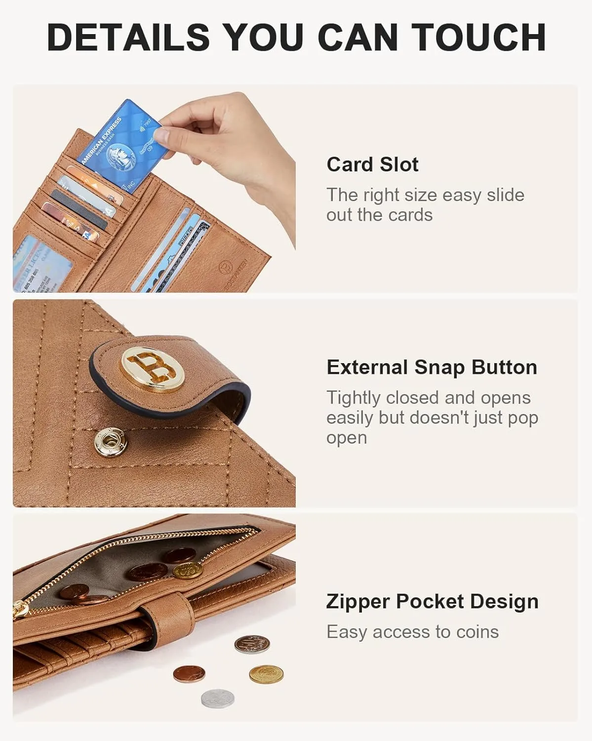 BOSTANTEN Slim Wallet Women Leather RFID Blocking Credit Card Holder Bifold Thin Wallet with Zipper Pocket Camel