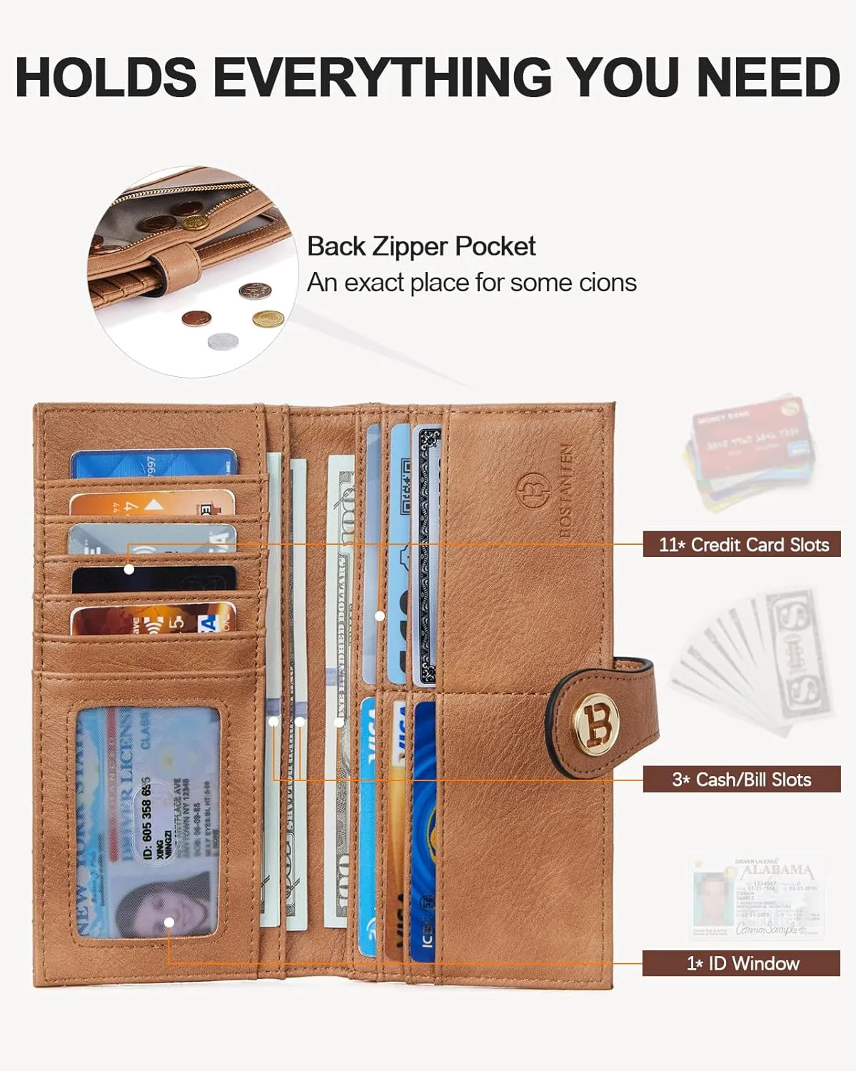 BOSTANTEN Slim Wallet Women Leather RFID Blocking Credit Card Holder Bifold Thin Wallet with Zipper Pocket Camel