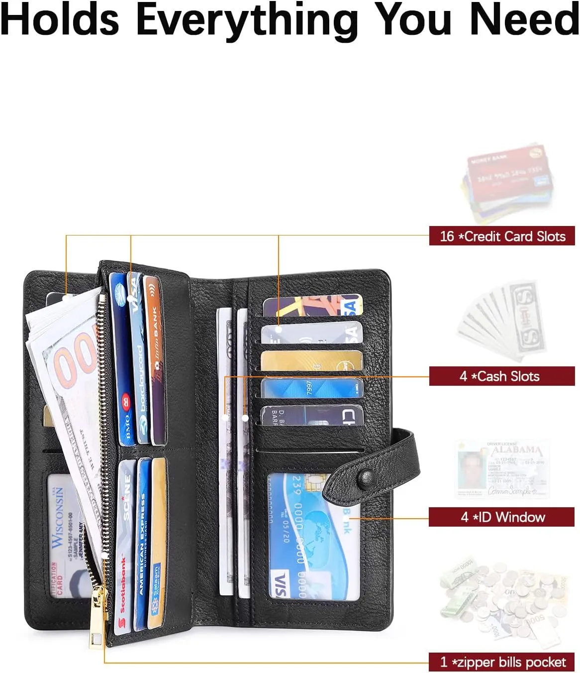 BOSTANTEN Womens Leather Wallets RFID Blocking Large Capacity Trifold Card Holder Ladies Phone Clutch Grey Black