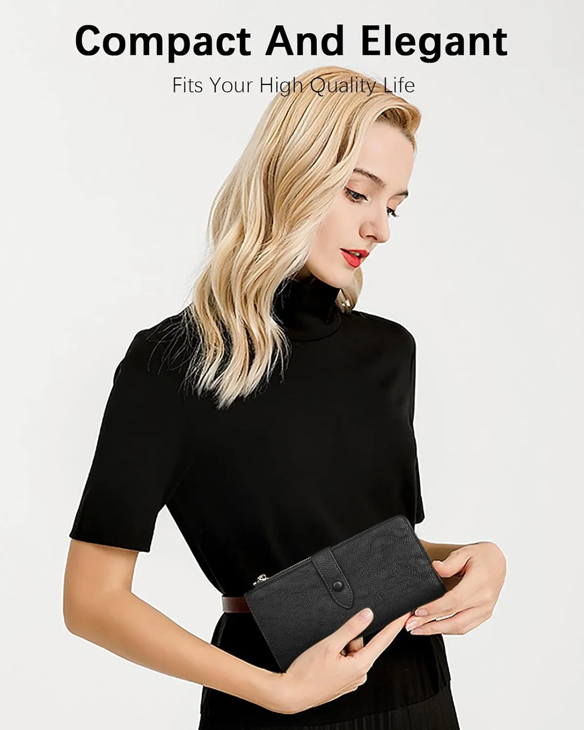 BOSTANTEN Womens Leather Wallets RFID Blocking Large Capacity Trifold Card Holder Ladies Phone Clutch Grey Black