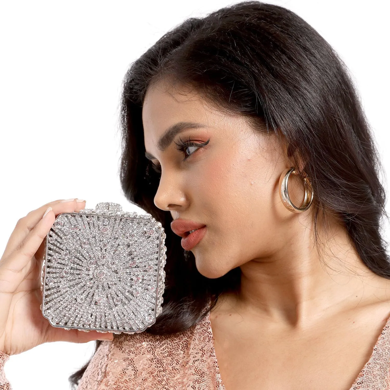 Boutique De FGG Women Metal Box Crystal Clutch Purse Evening Bag Wedding Bridal Rhinestone Handbags Party Clutch Bag,Mini