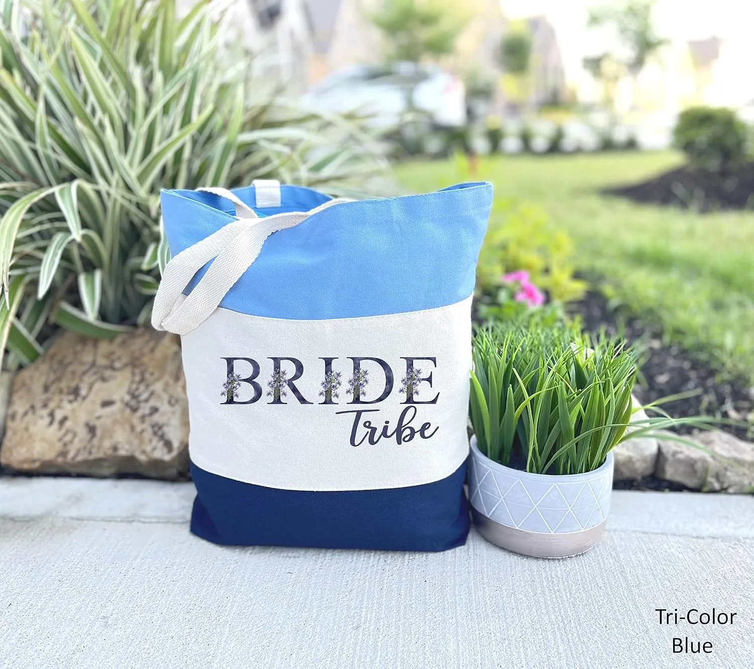 Bride Tribe Tote Bag, Bride Tribe Gifts, Bachelorette Gift, Bridesmaid Proposal Tote, Bridal Shower, Bridesmaid Gifts,Maid of Honor Gift Bag (15"L x 15"H x 3"D, Tri-Color Blue)