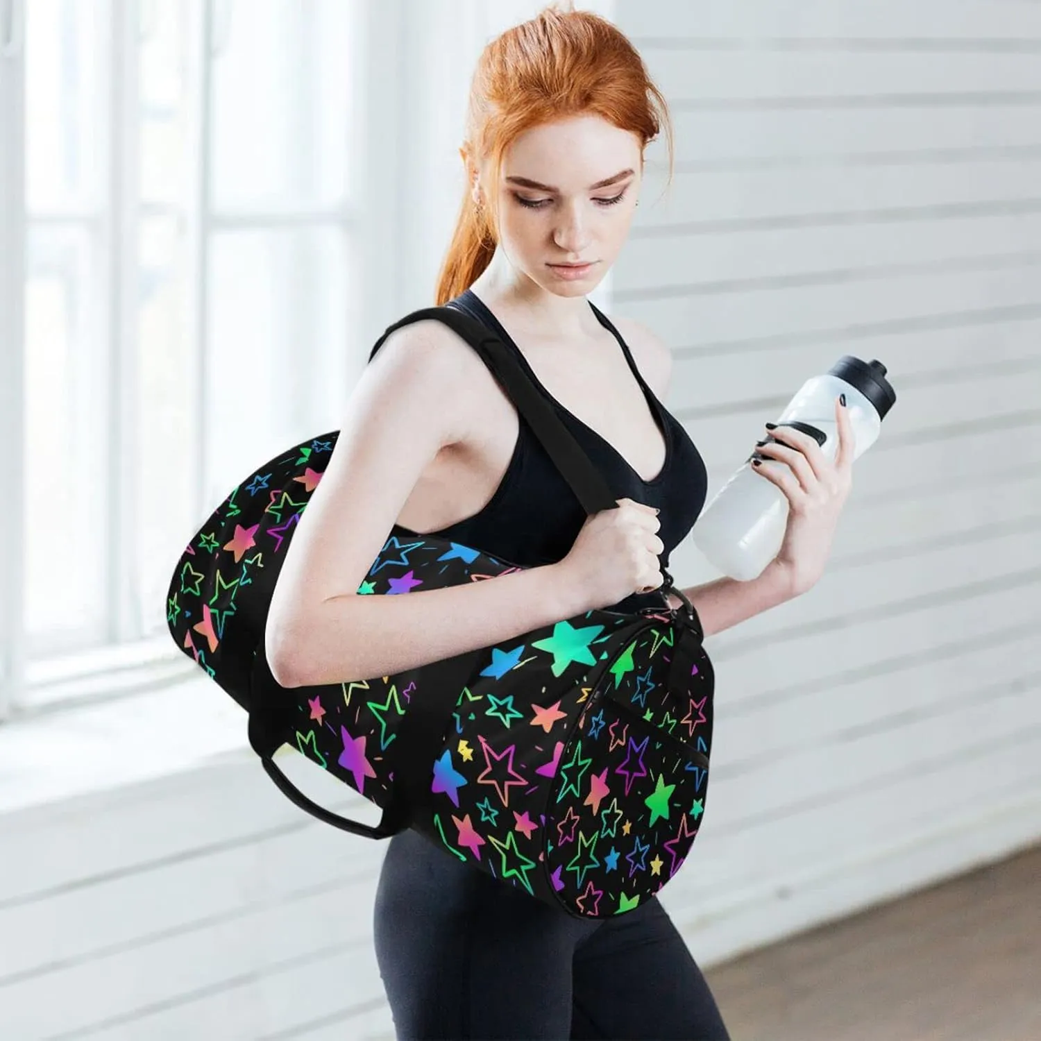 Bright Neon Stars Round Duffel Sports Bag Lightweight with Inner Pocket Gym Bag for Men Women Duffle Bag for Travel Sports