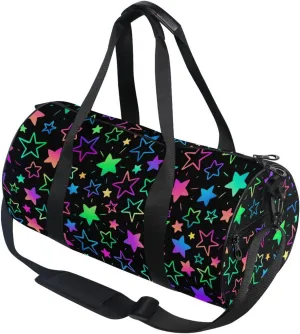 Bright Neon Stars Round Duffel Sports Bag Lightweight with Inner Pocket Gym Bag for Men Women Duffle Bag for Travel Sports
