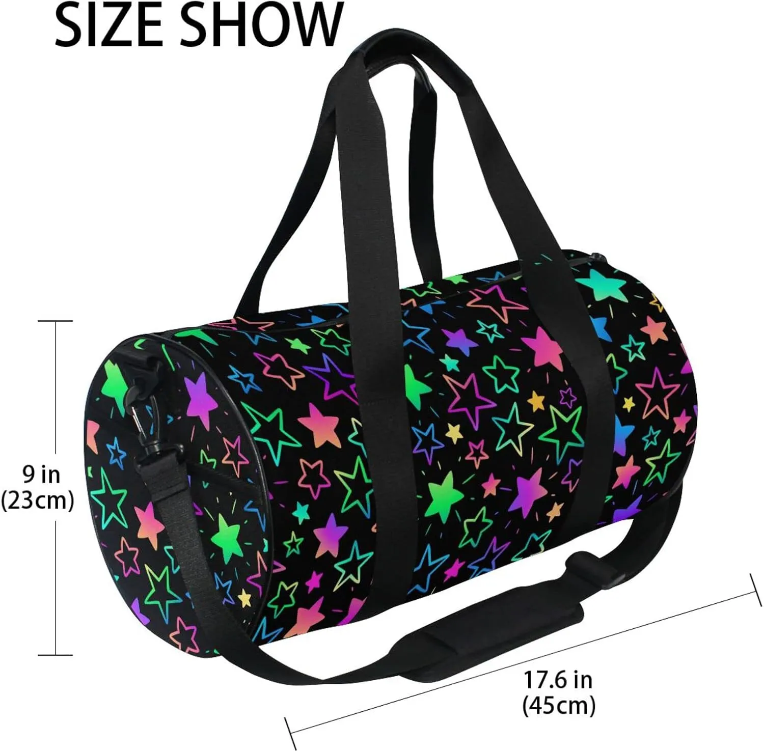 Bright Neon Stars Round Duffel Sports Bag Lightweight with Inner Pocket Gym Bag for Men Women Duffle Bag for Travel Sports