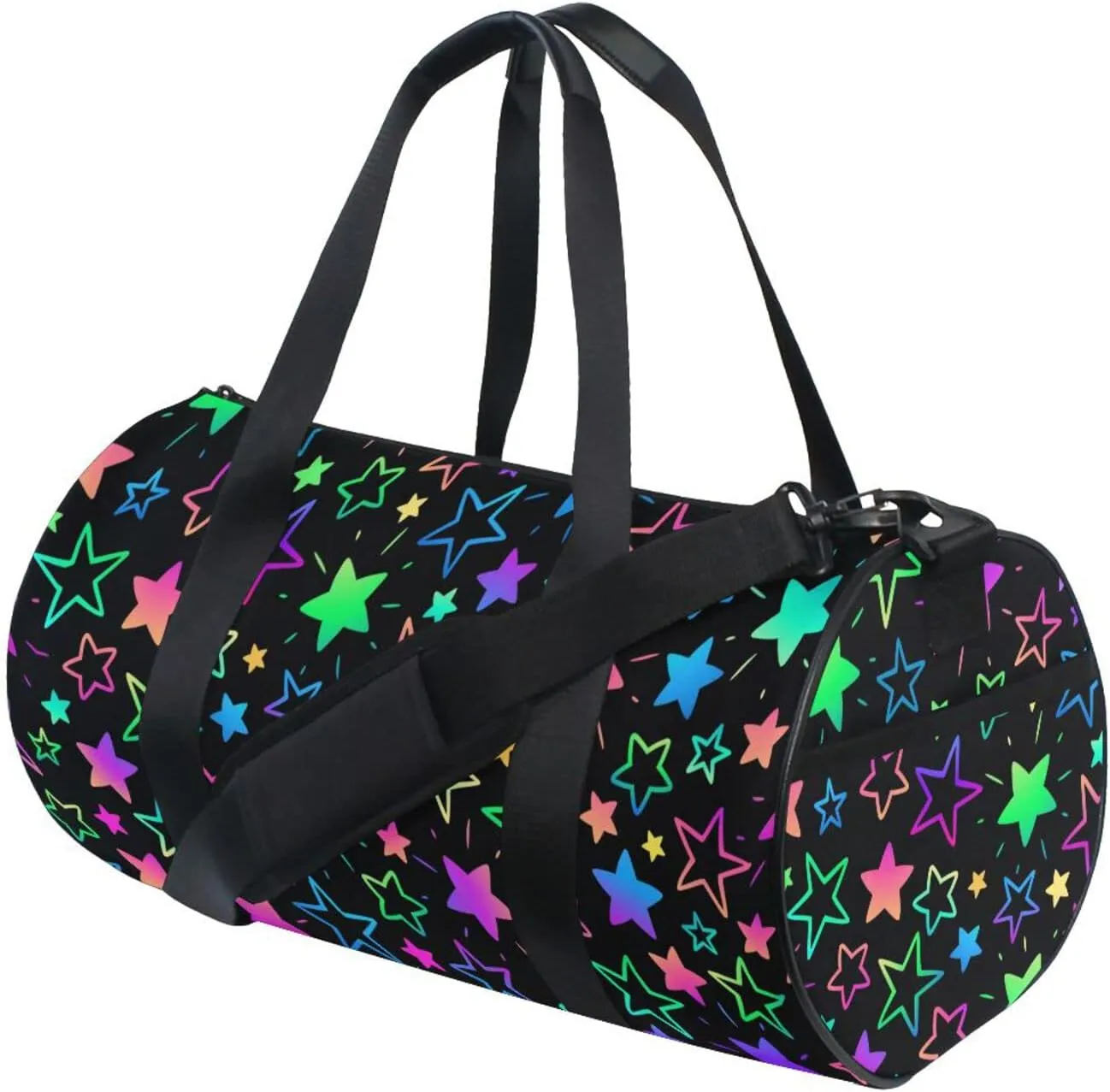 Bright Neon Stars Round Duffel Sports Bag Lightweight with Inner Pocket Gym Bag for Men Women Duffle Bag for Travel Sports