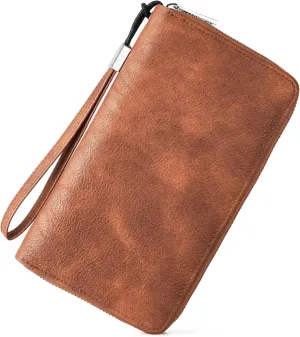 BROMEN Womens Wallet RFID Blocking Large Capacity Wristlet Phone Holder Zip Around Leather Clutch Purse Retro Brown