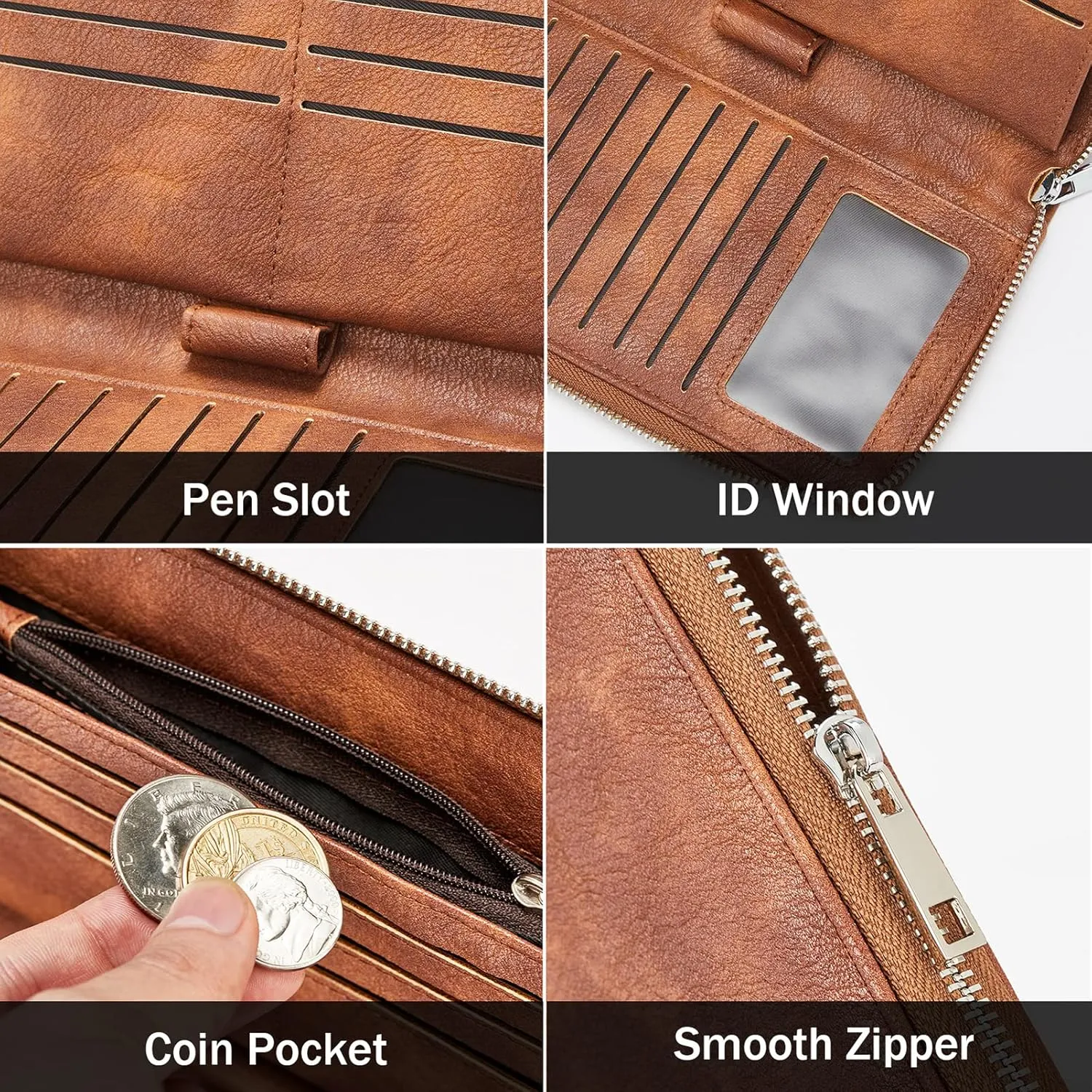 BROMEN Womens Wallet RFID Blocking Large Capacity Wristlet Phone Holder Zip Around Leather Clutch Purse Retro Brown