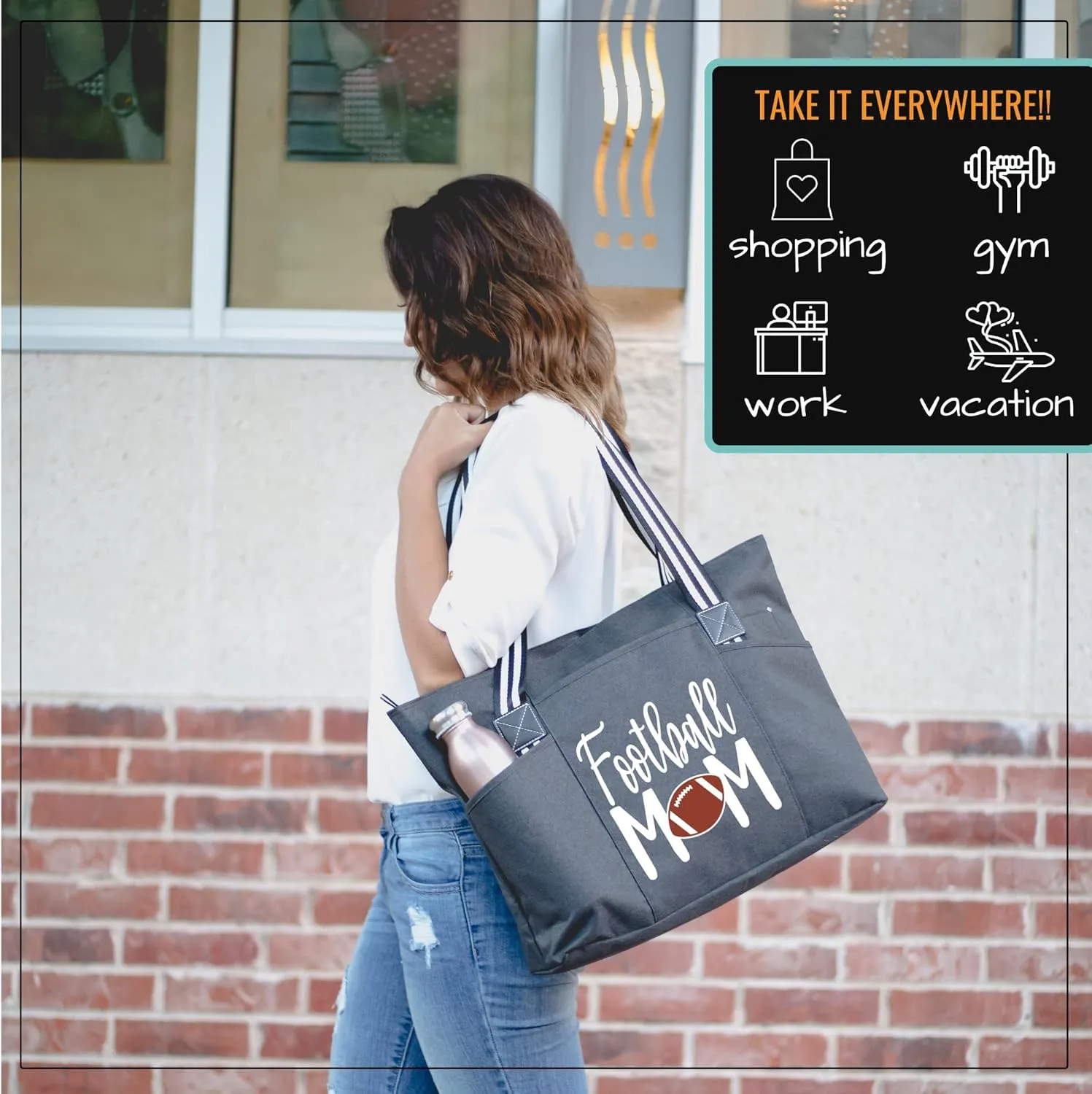 Brooke & Jess Designs Sports Mom Large Zippered Tote Bag with Pockets for Women