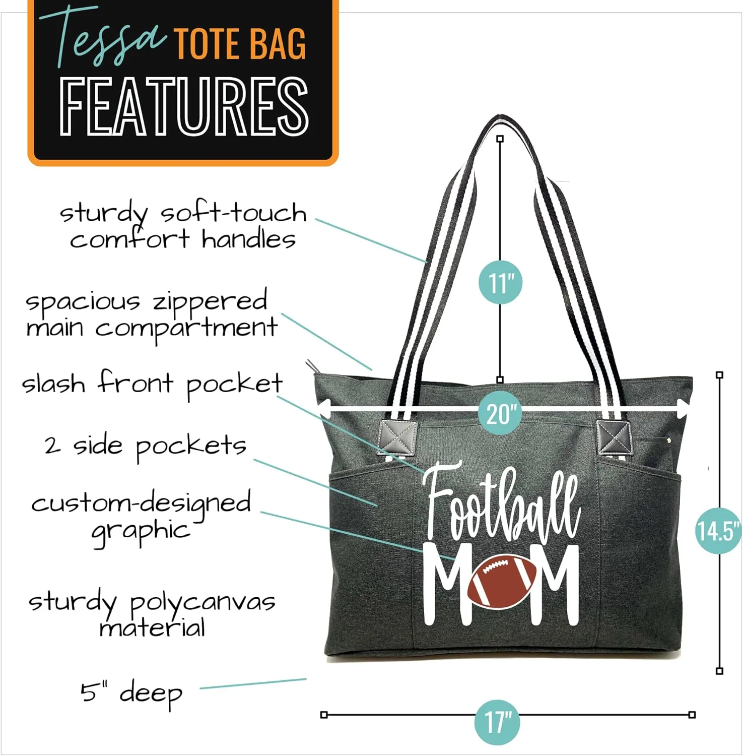 Brooke & Jess Designs Sports Mom Large Zippered Tote Bag with Pockets for Women